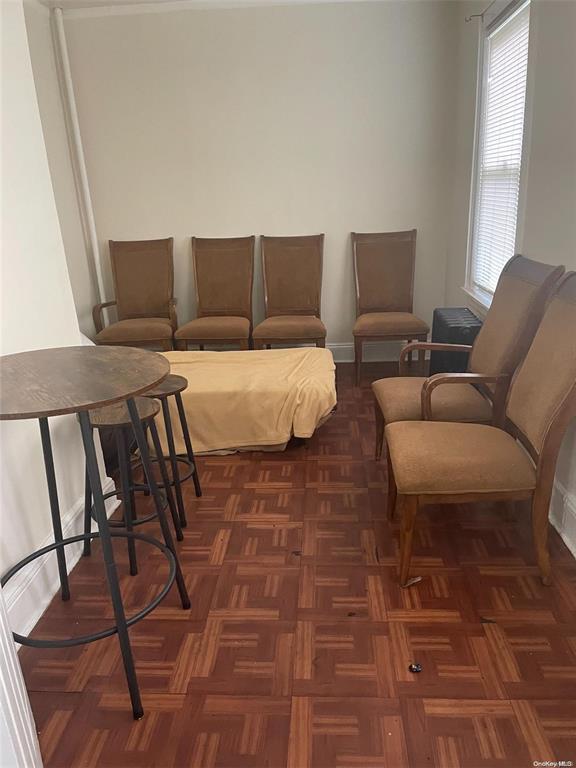 living room featuring dark parquet flooring