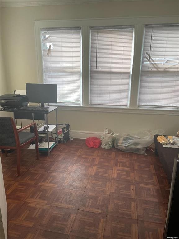 office space featuring dark parquet floors