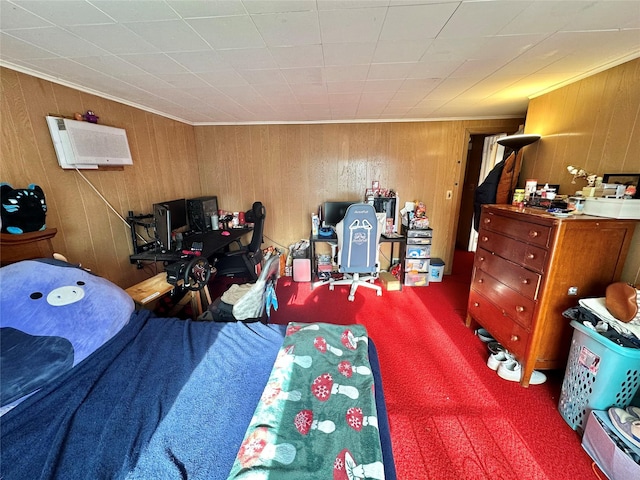 bedroom with wooden walls