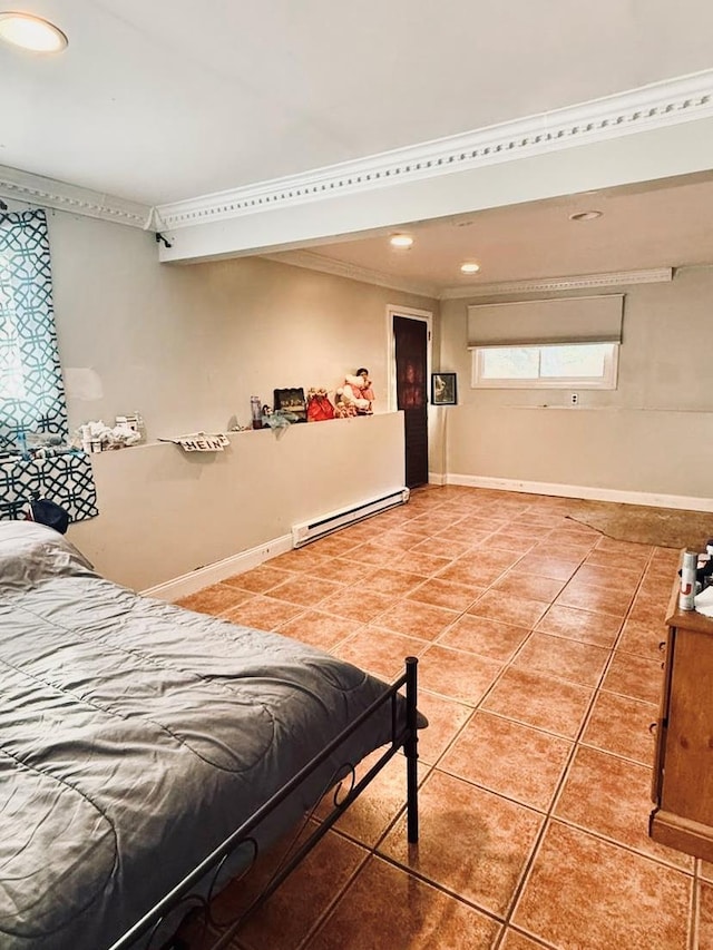 tiled bedroom with baseboard heating and ornamental molding