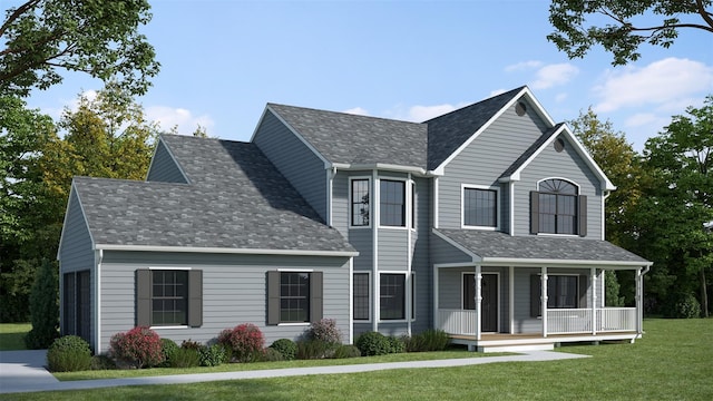 view of front facade featuring an attached garage, roof with shingles, a porch, and a front lawn