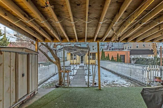 exterior space with a storage shed