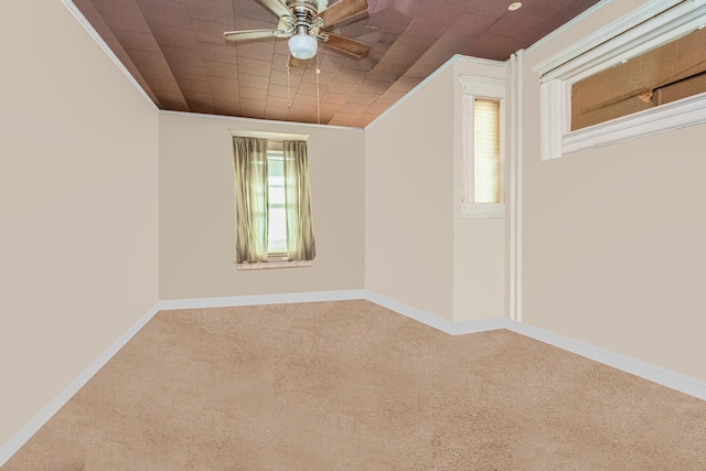 carpeted spare room with ceiling fan and ornamental molding