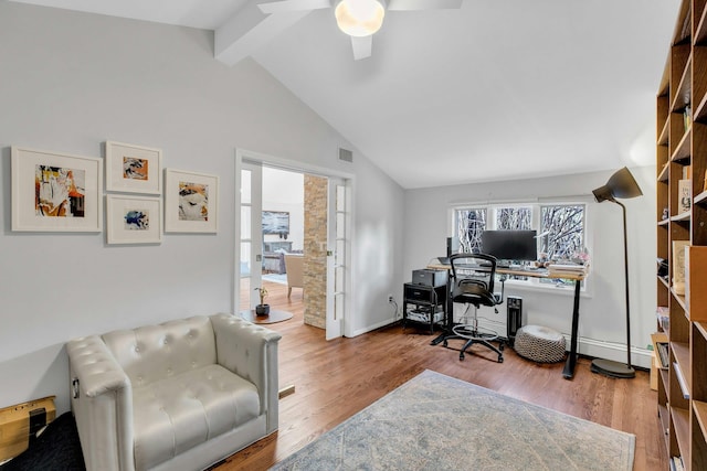 home office featuring ceiling fan, baseboard heating, beamed ceiling, high vaulted ceiling, and wood-type flooring