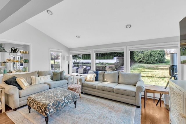 living room with lofted ceiling and light wood-type flooring