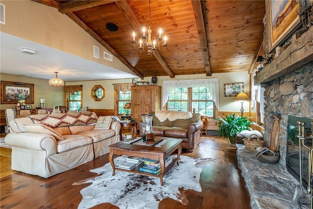 living room with wood ceiling, wood-type flooring, a fireplace, a notable chandelier, and beam ceiling