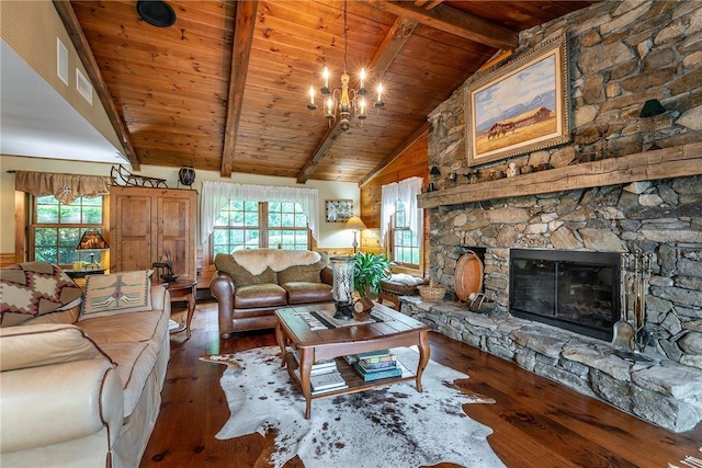 living room with wooden ceiling, hardwood / wood-style floors, beam ceiling, and a fireplace