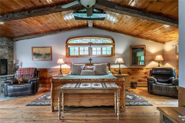 bedroom featuring wooden walls, ceiling fan, lofted ceiling with beams, hardwood / wood-style flooring, and wooden ceiling