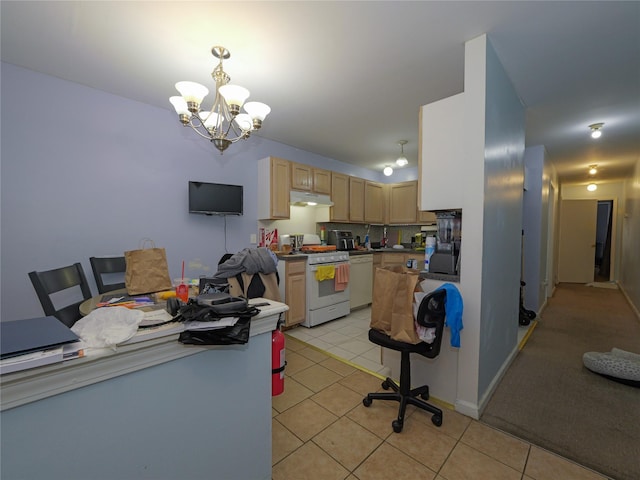 kitchen featuring a notable chandelier, pendant lighting, white appliances, light brown cabinetry, and light tile patterned floors