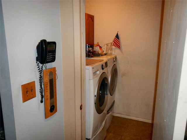 laundry room featuring baseboards, laundry area, washing machine and dryer, and tile patterned floors