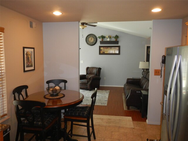 11 Westchester Ct, Middle Island, NY 11953 - dining area featuring visible vents, a ceiling fan, lofted ceiling, light wood-type flooring, and recessed lighting