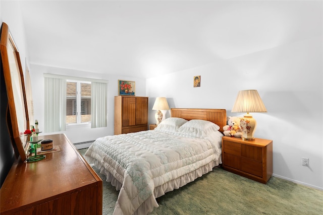 carpeted bedroom featuring a baseboard radiator