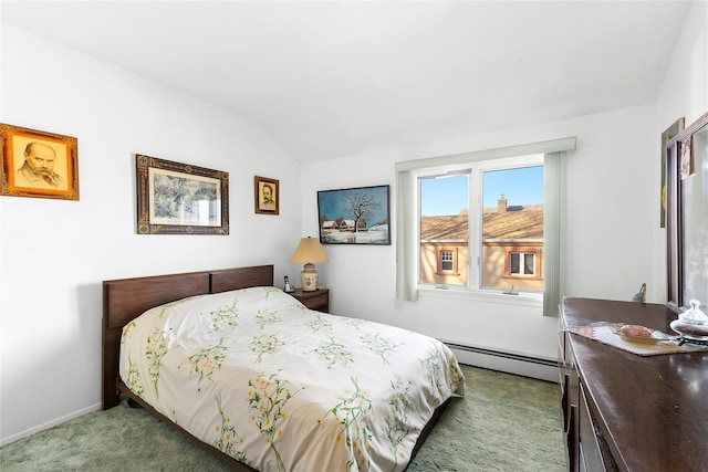 carpeted bedroom with vaulted ceiling and a baseboard radiator