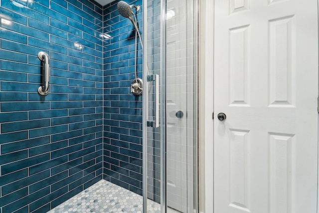 bathroom featuring a shower with shower door