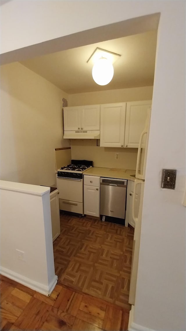 kitchen with dishwasher, dark parquet flooring, white cabinetry, and gas range gas stove