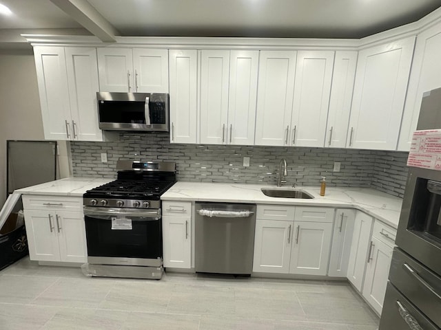 kitchen with tasteful backsplash, sink, white cabinets, and stainless steel appliances