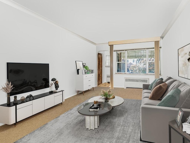 carpeted living room featuring radiator heating unit and crown molding