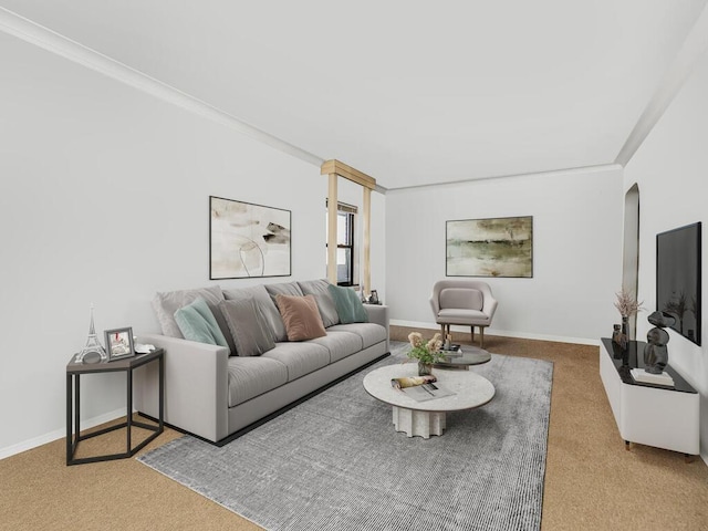 living room featuring carpet floors and ornamental molding