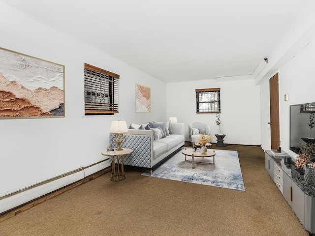 living room with carpet and baseboard heating