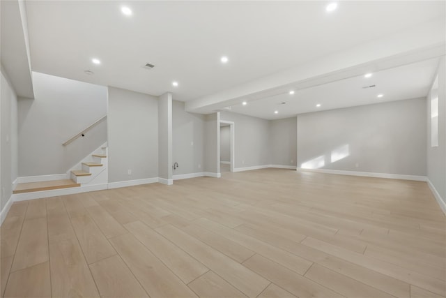 88 Byram Ridge Rd, Armonk, NY 10504 - basement with recessed lighting, stairway, light wood finished floors, visible vents, and baseboards