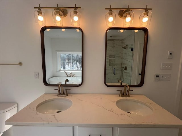 bathroom with vanity, toilet, and walk in shower