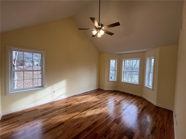 unfurnished room featuring hardwood / wood-style flooring, ceiling fan, and lofted ceiling