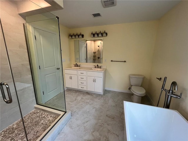 bathroom with vanity, a shower with door, and toilet