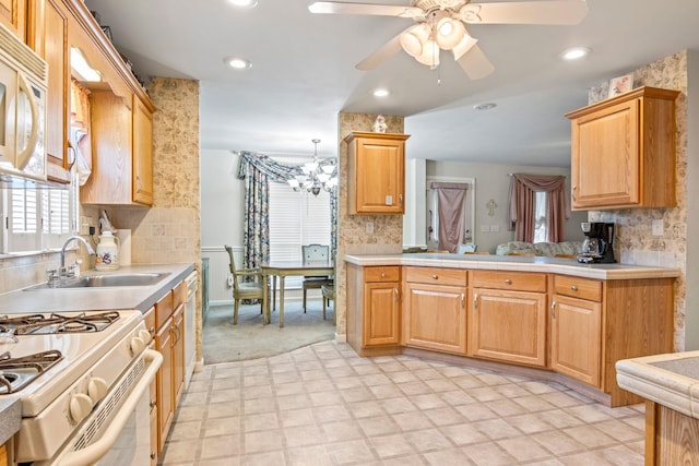 kitchen featuring ceiling fan with notable chandelier, white appliances, light colored carpet, and sink