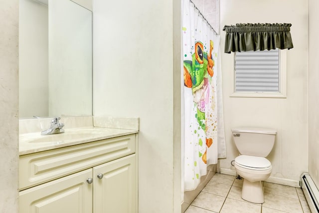 bathroom with baseboard heating, tile patterned floors, toilet, vanity, and a shower with shower curtain