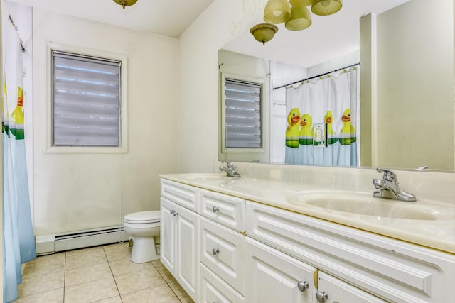 bathroom featuring vanity, a baseboard heating unit, tile patterned floors, a shower with shower curtain, and toilet