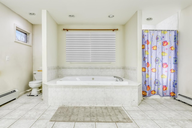 bathroom featuring tile patterned flooring, toilet, plus walk in shower, and a baseboard heating unit