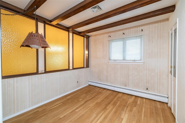 unfurnished room with beamed ceiling, wood-type flooring, wooden walls, and a baseboard heating unit