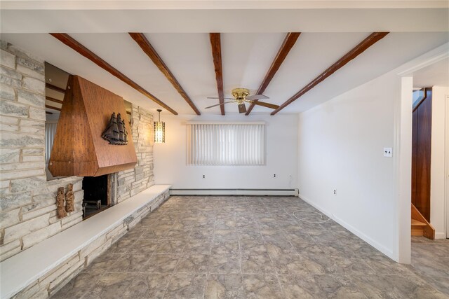 unfurnished living room featuring beamed ceiling, a baseboard radiator, and ceiling fan
