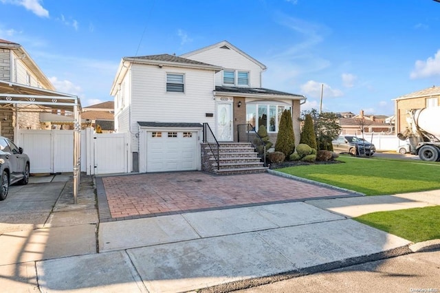 view of property featuring a front yard and a garage