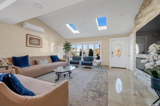 living room featuring an AC wall unit and vaulted ceiling