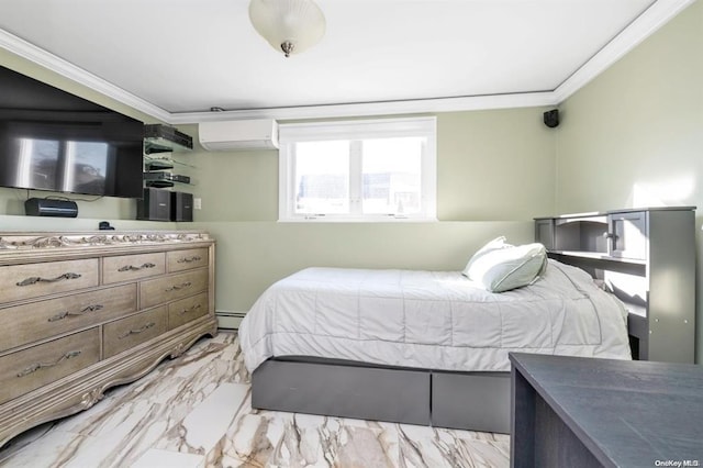 bedroom featuring a wall mounted air conditioner, a baseboard heating unit, and ornamental molding