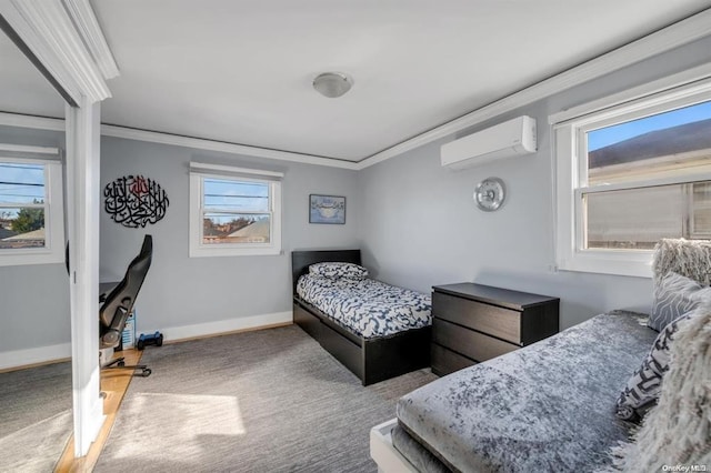 bedroom with carpet floors, a wall unit AC, multiple windows, and crown molding