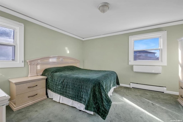 bedroom with crown molding, light colored carpet, and a baseboard radiator