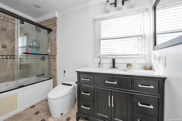 full bathroom featuring vanity, combined bath / shower with glass door, crown molding, tile patterned flooring, and toilet