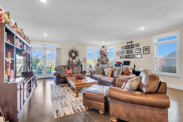 living room featuring crown molding, french doors, and dark hardwood / wood-style floors