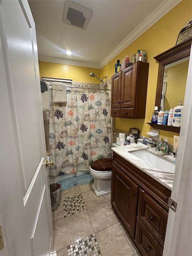 full bathroom with shower / bath combo, tile patterned floors, toilet, vanity, and ornamental molding