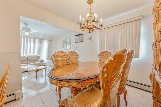 dining room featuring ceiling fan with notable chandelier, a baseboard radiator, an AC wall unit, and light tile patterned flooring