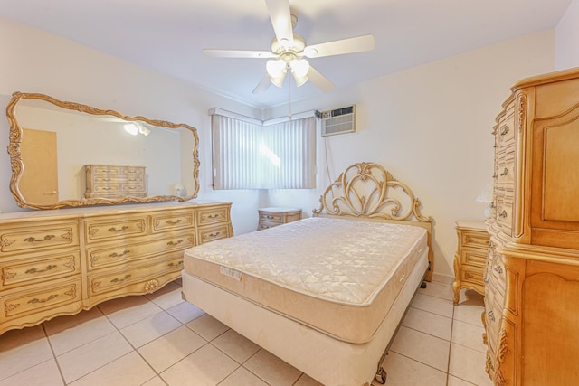 bedroom featuring ceiling fan, light tile patterned flooring, and a wall mounted AC