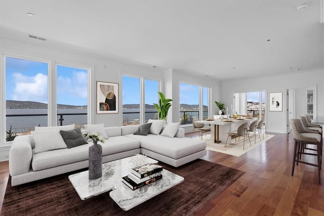 living room with a water view and hardwood / wood-style flooring