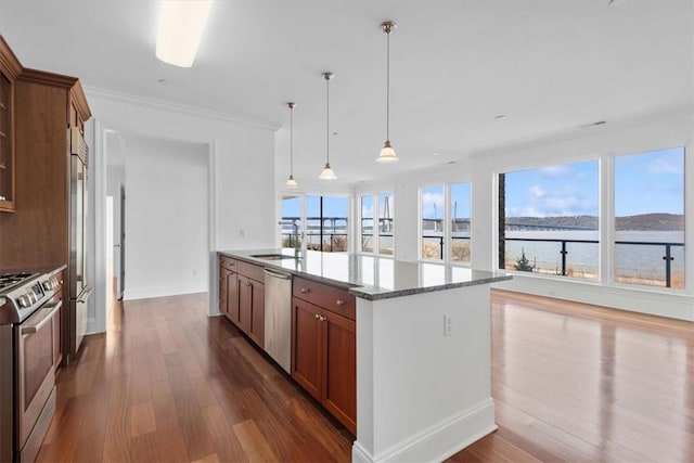 kitchen with decorative light fixtures, a healthy amount of sunlight, a water view, and stainless steel appliances