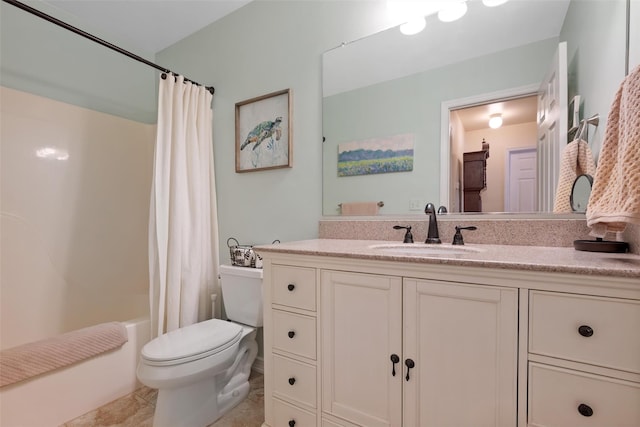 full bathroom with shower / bath combination with curtain, tile patterned floors, vanity, and toilet