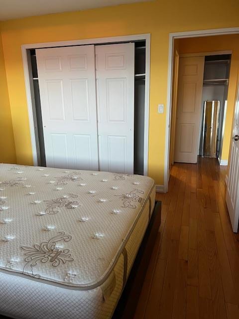 bedroom with dark hardwood / wood-style flooring and a closet