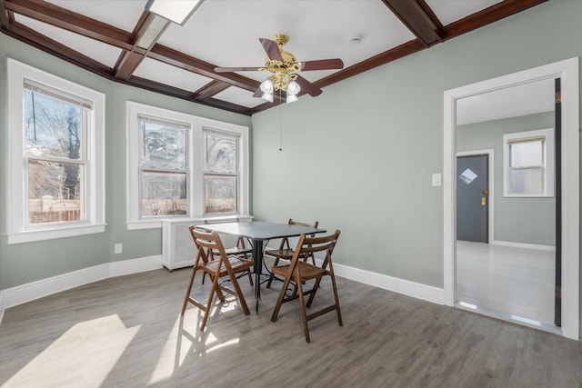 dining room featuring beamed ceiling, ceiling fan, wood-type flooring, and coffered ceiling