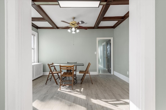 dining space with beam ceiling, ceiling fan, and coffered ceiling