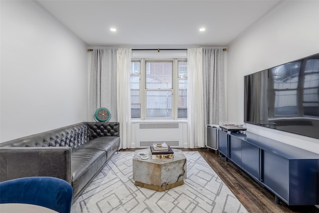 living room featuring dark hardwood / wood-style floors and radiator